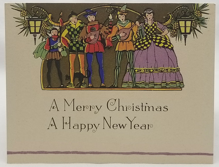 Vintage Christmas Greeting Card, Vintage Holiday Card, Art Deco Period Christmas Card, Yuletide Carolers with Gold Highlights