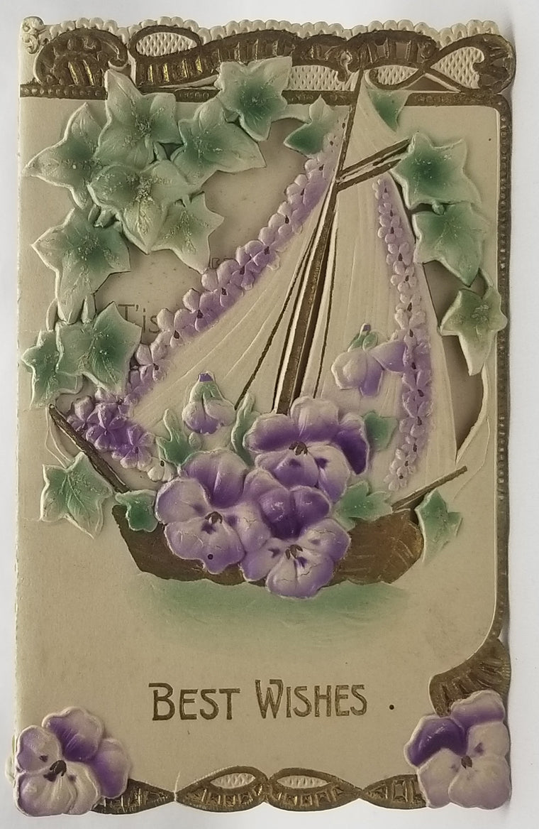 Antique Die Cut Paper Greeting Best Wishes Card 1900 Embossed Ship Flowers