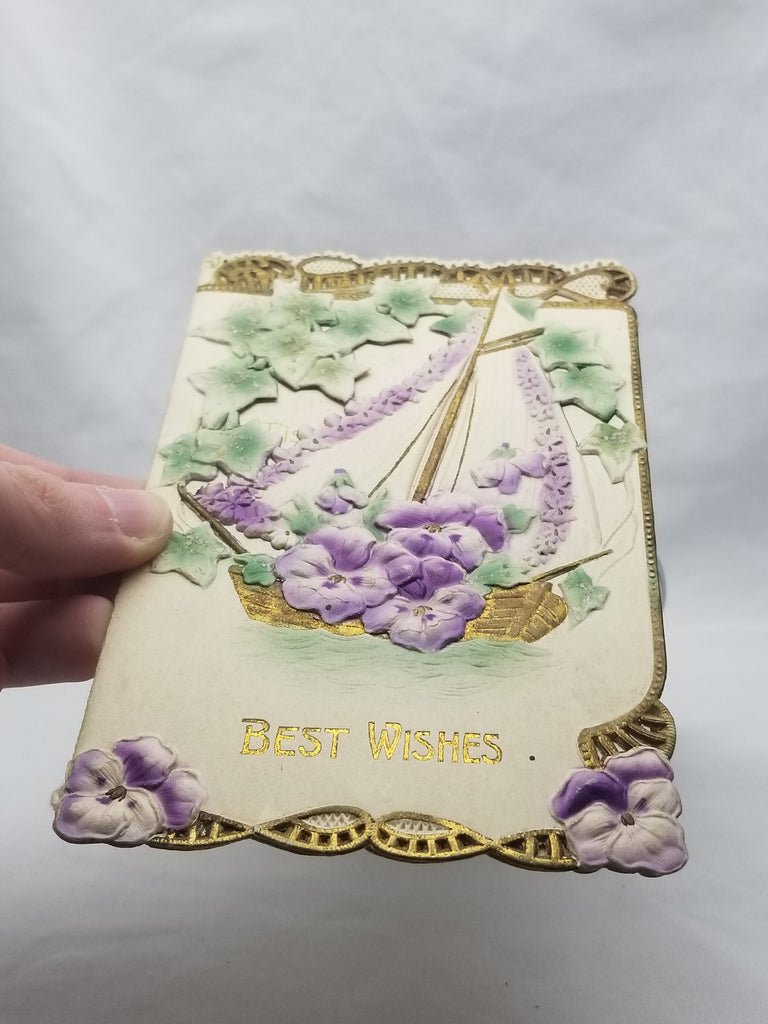 Antique Die Cut Paper Greeting Best Wishes Card 1900 Embossed Ship Flowers