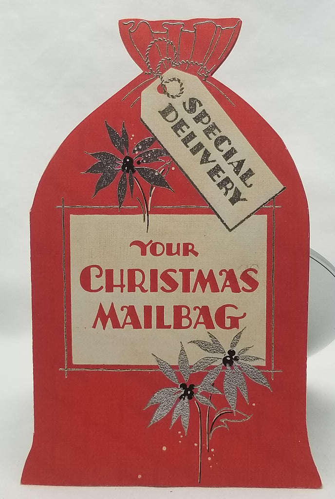 Vintage Christmas Greeting Card, Vintage Holiday Card, Die Cut XMAS Mailbag Special Delivery Red Silver 1930s-40s