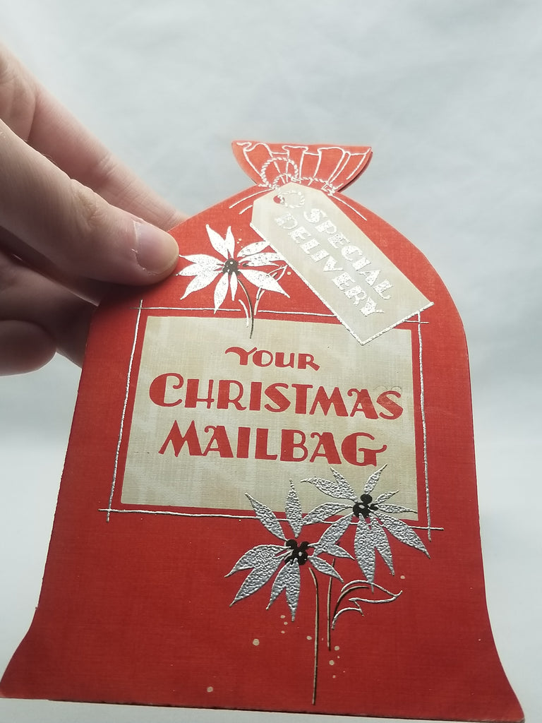 Vintage Christmas Greeting Card, Vintage Holiday Card, Die Cut XMAS Mailbag Special Delivery Red Silver 1930s-40s