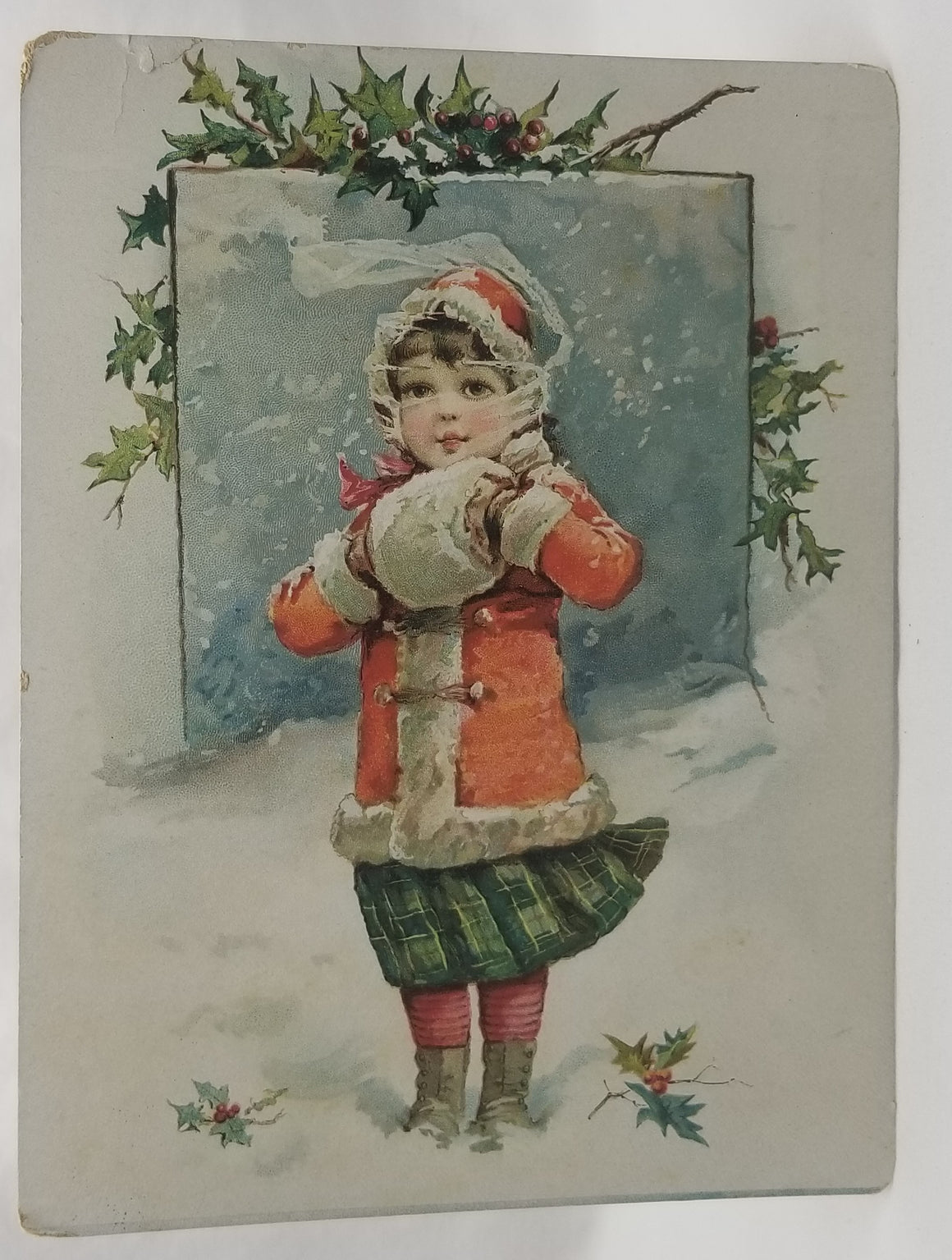 Antique Advertising Trade Card, Woolson Spice Trade Card, Winter Woolson Child in Red Coat Standing in Snow