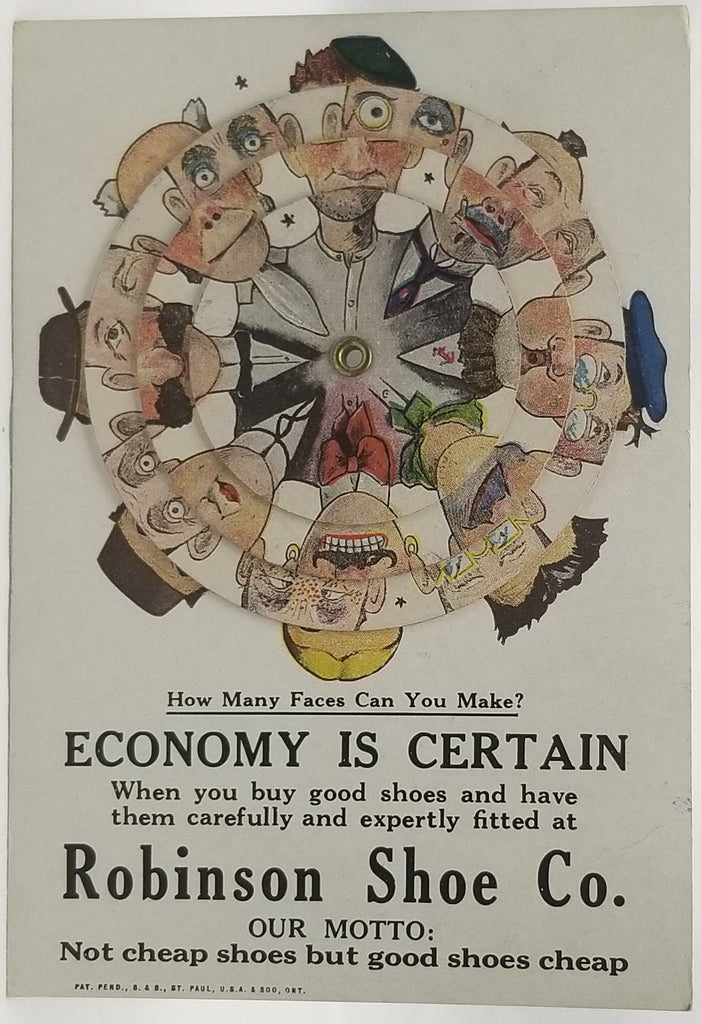 Rare Mechanical Funny Faces Wheel Advertising Card Robinson Shoes