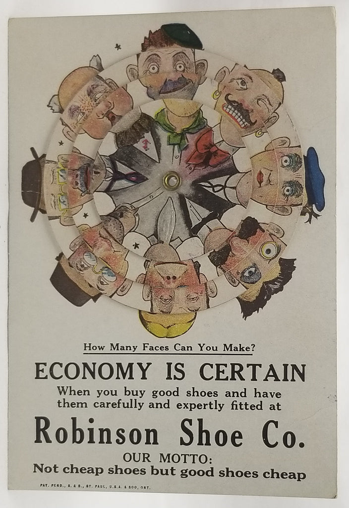 Rare Mechanical Funny Faces Wheel Advertising Card Robinson Shoes