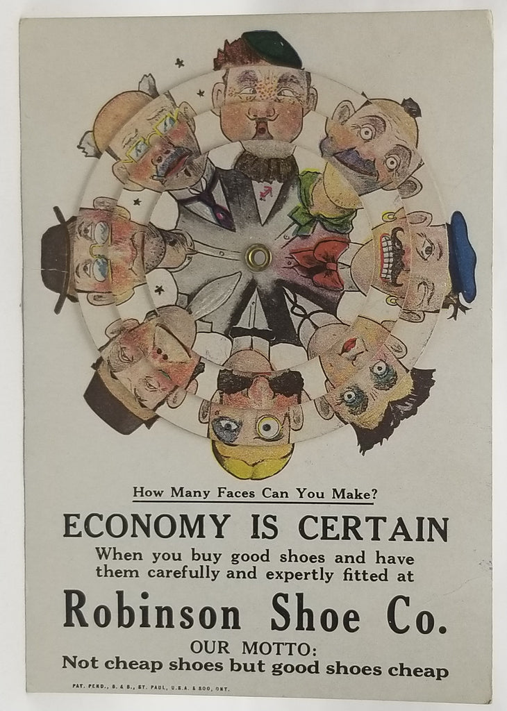 Rare Mechanical Funny Faces Wheel Advertising Card Robinson Shoes