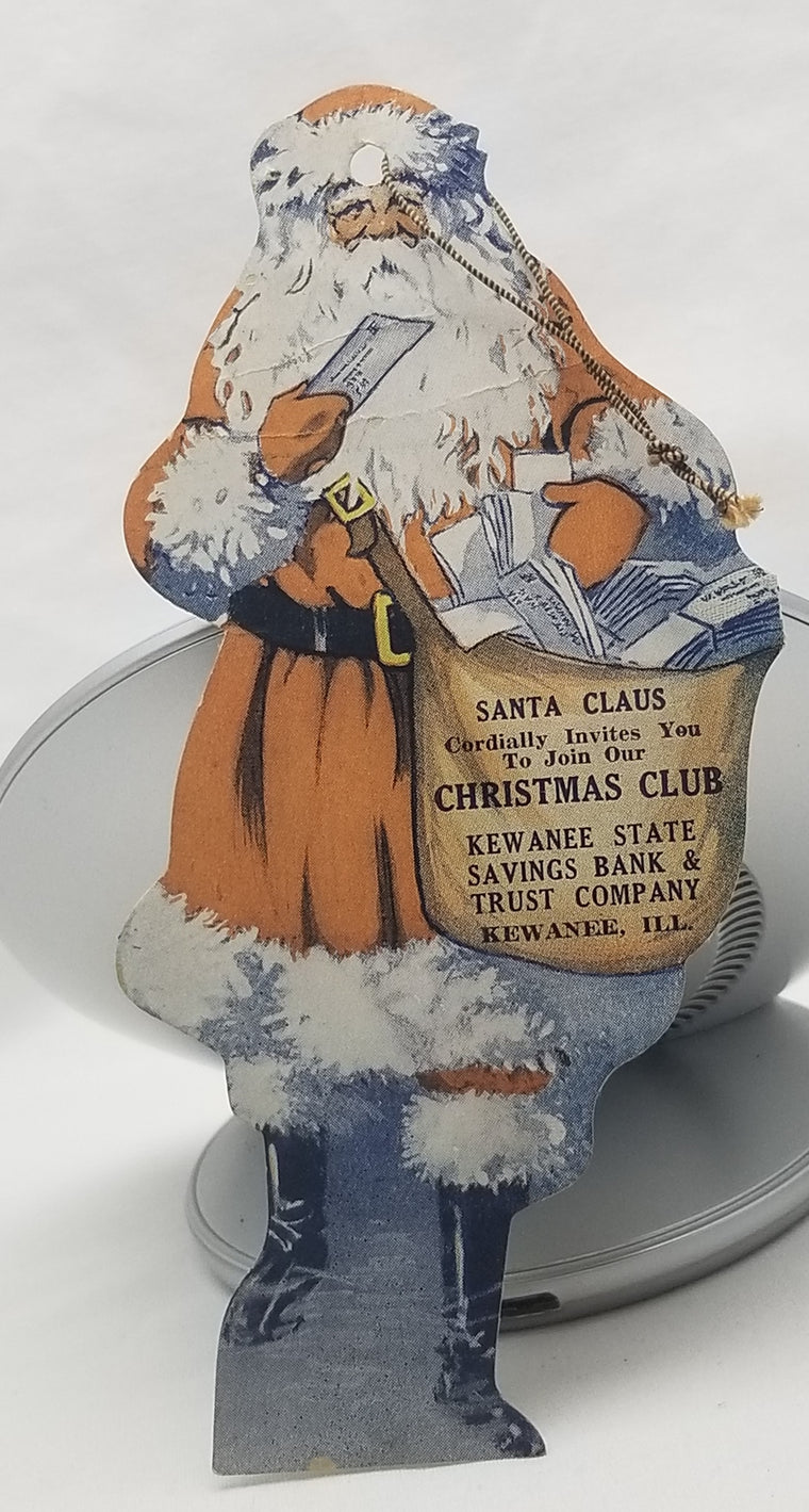 Antique Advertising Trade Card, Kewanee State Bank IL, Die Cut Santa Claus, Christmas Club Ornament St Nick