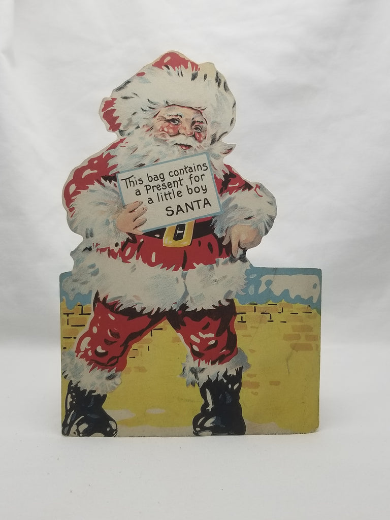 Vintage Christmas Santa Gift Tag Card 1930’s Die Cut, Santa Claus Holding Sign