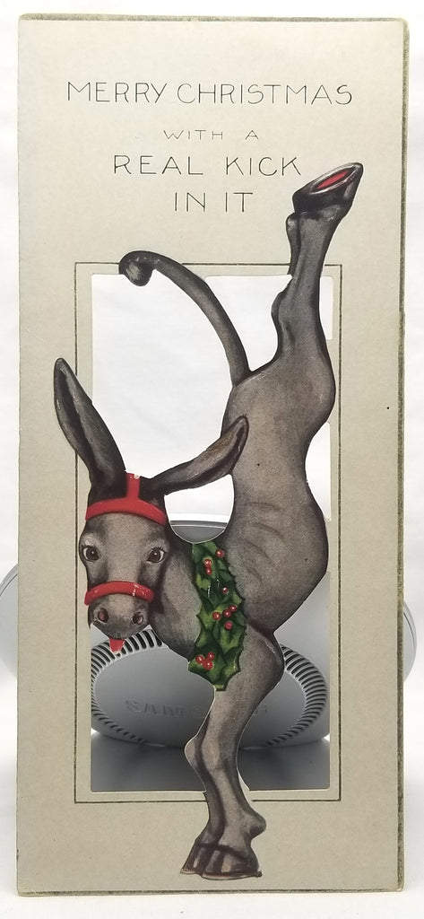 Vintage Merry Christmas Comical Die Cut Card Kicking Donkey