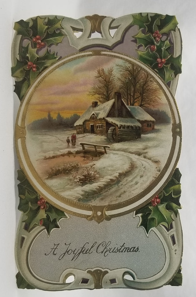 Vintage Christmas Greeting Card, Vintage Holiday Card, Die Cut Landscape Scene with Holly