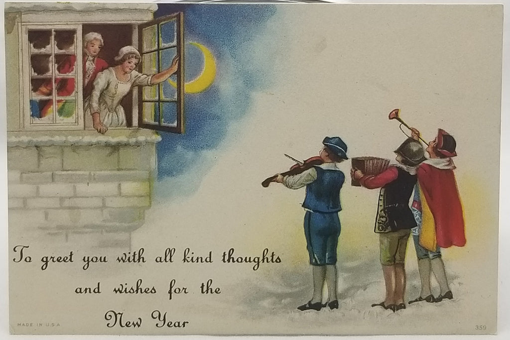 New Year's Card Couple in Window Band Plays in the Moonlight