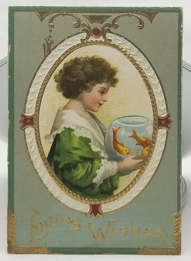 Antique Die Cut Paper Greeting Best Wishes Card 1900 Child Holding Fishbowl