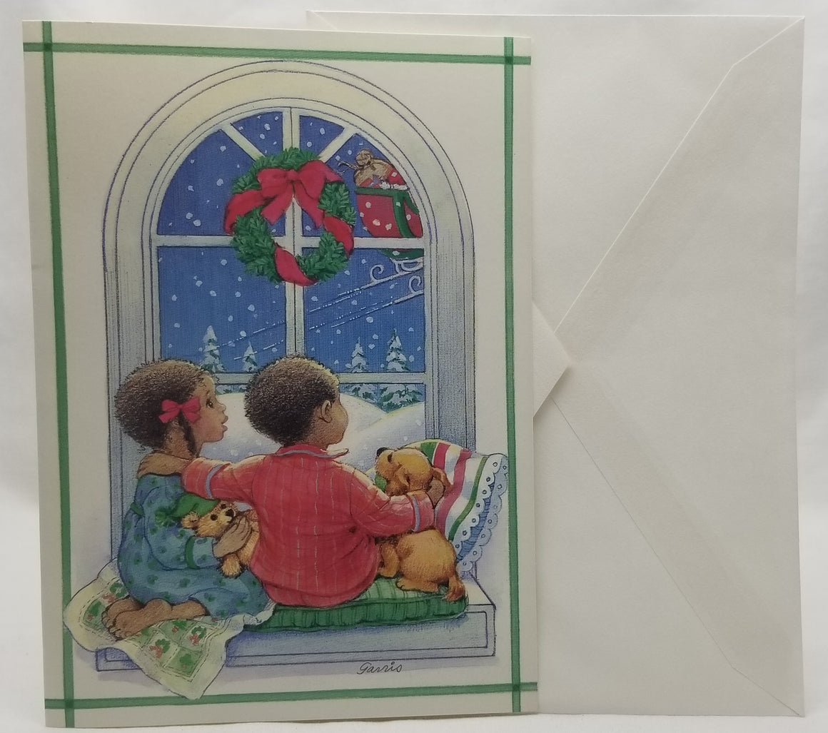 Vintage Christmas Card with Envelope, African American Children Seeing Santa's Sleigh in Night Sky Artist Signed Garris Paper Magic