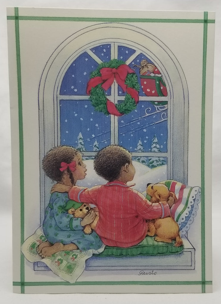 Vintage Christmas Card with Envelope, African American Children Seeing Santa's Sleigh in Night Sky Artist Signed Garris Paper Magic