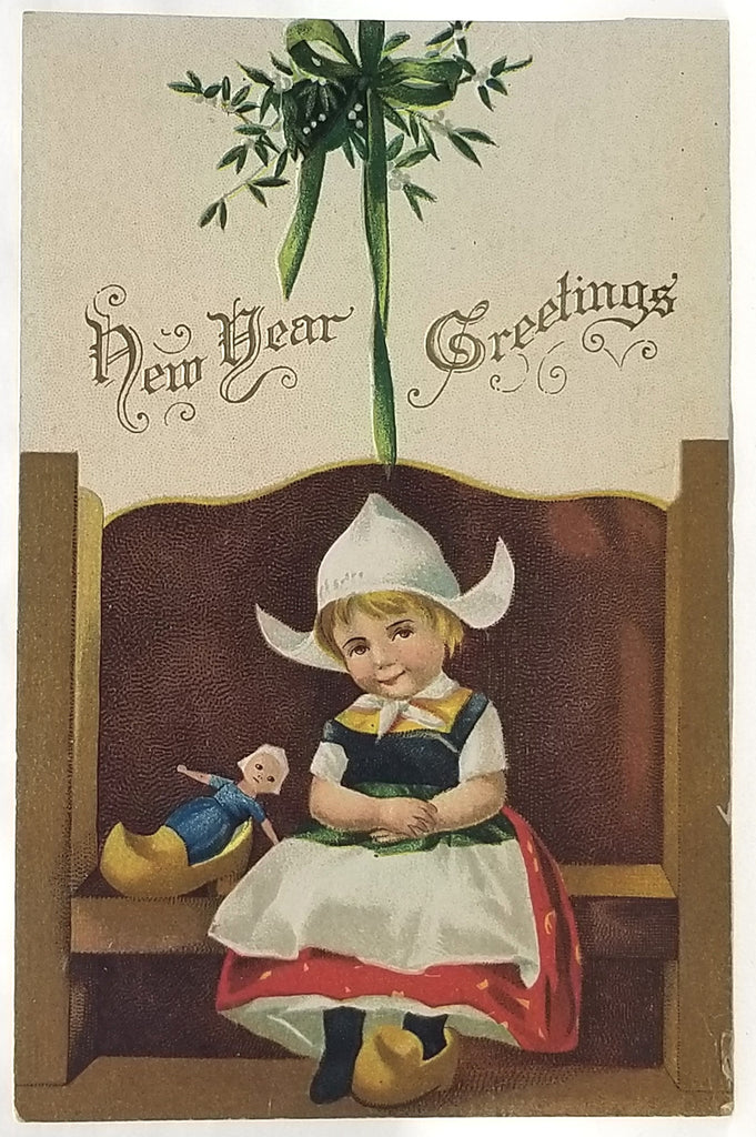 New Year's Postcard Dutch Girl on Bench Artist Clapsaddle