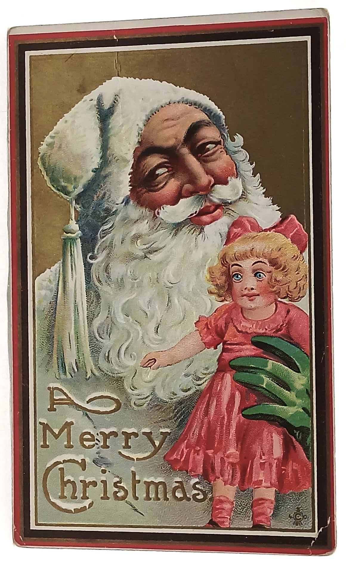 Christmas Postcard Santa Claus in White Robe Holding Doll 213A