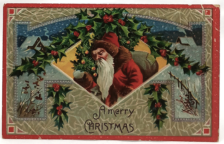 Christmas Postcard Old World Santa with Tree Gel Finish 0634