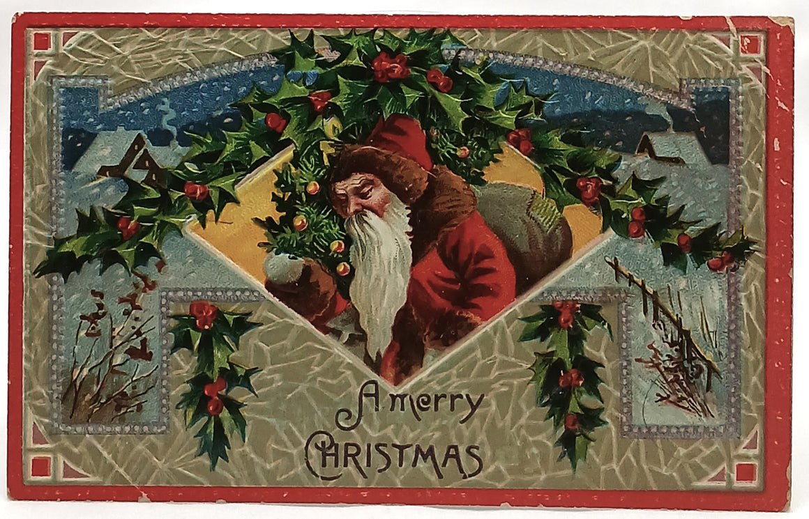 Christmas Postcard Old World Santa with Tree Gel Finish 0634