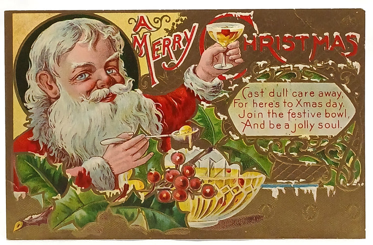 Christmas Postcard Santa Claus with Punch Bowl Gold Embossed