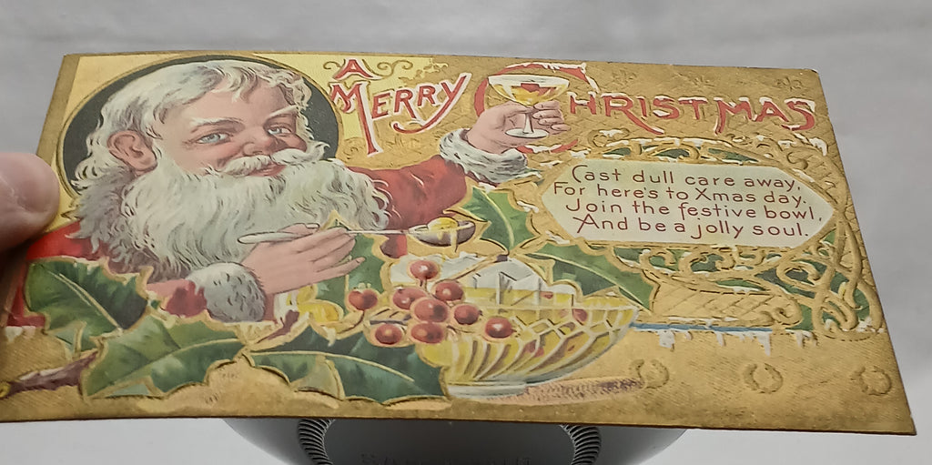 Christmas Postcard Santa Claus with Punch Bowl Gold Embossed