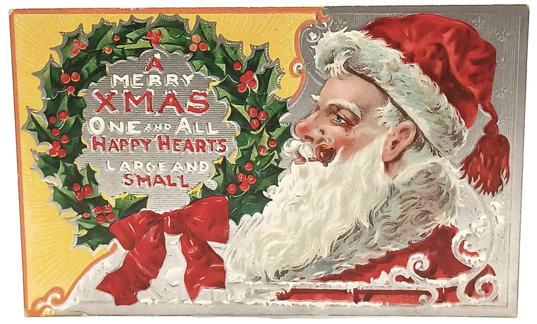 Christmas Postcard Silver Embossed Santa Smoking Pipe with Wreath