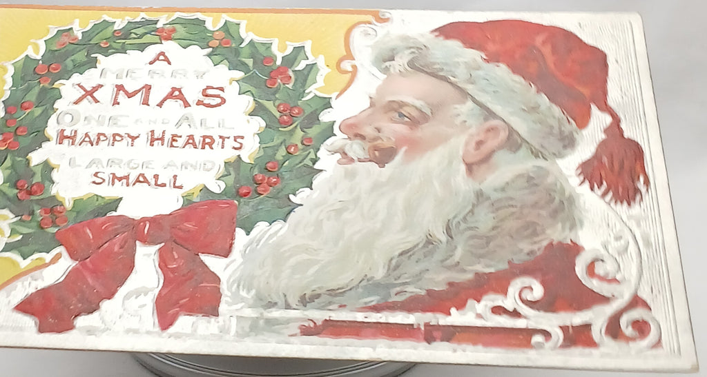 Christmas Postcard Silver Embossed Santa Smoking Pipe with Wreath