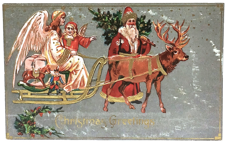 Christmas Postcard Silver Embossed German Santa Angel Child Sleigh Reindeer