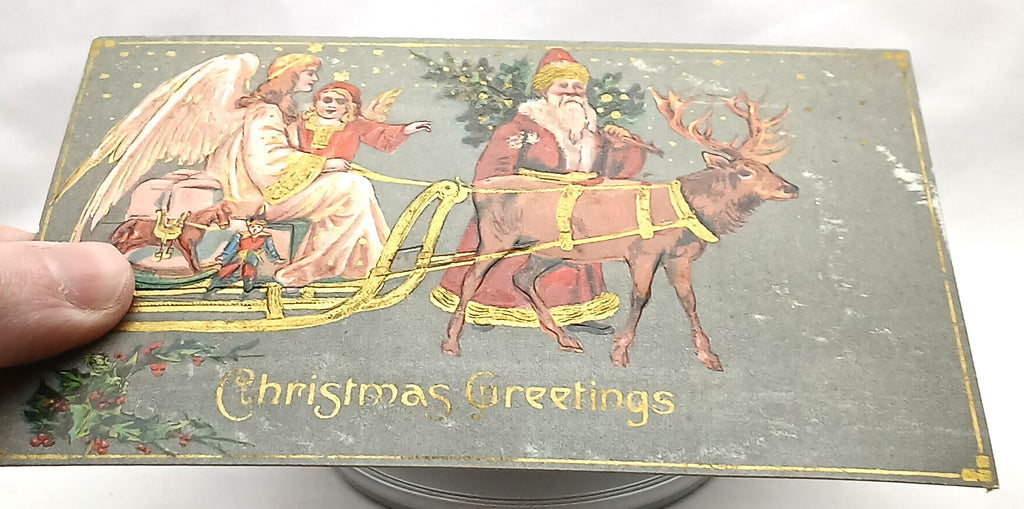 Christmas Postcard Silver Embossed German Santa Angel Child Sleigh Reindeer