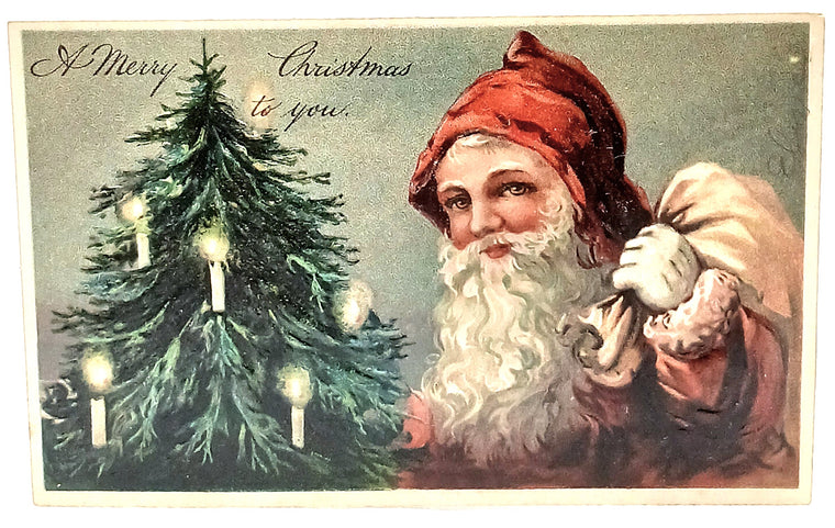 Christmas Postcard Embossed Old World Santa Claus w/ Tree Toy Bag PFB 7312
