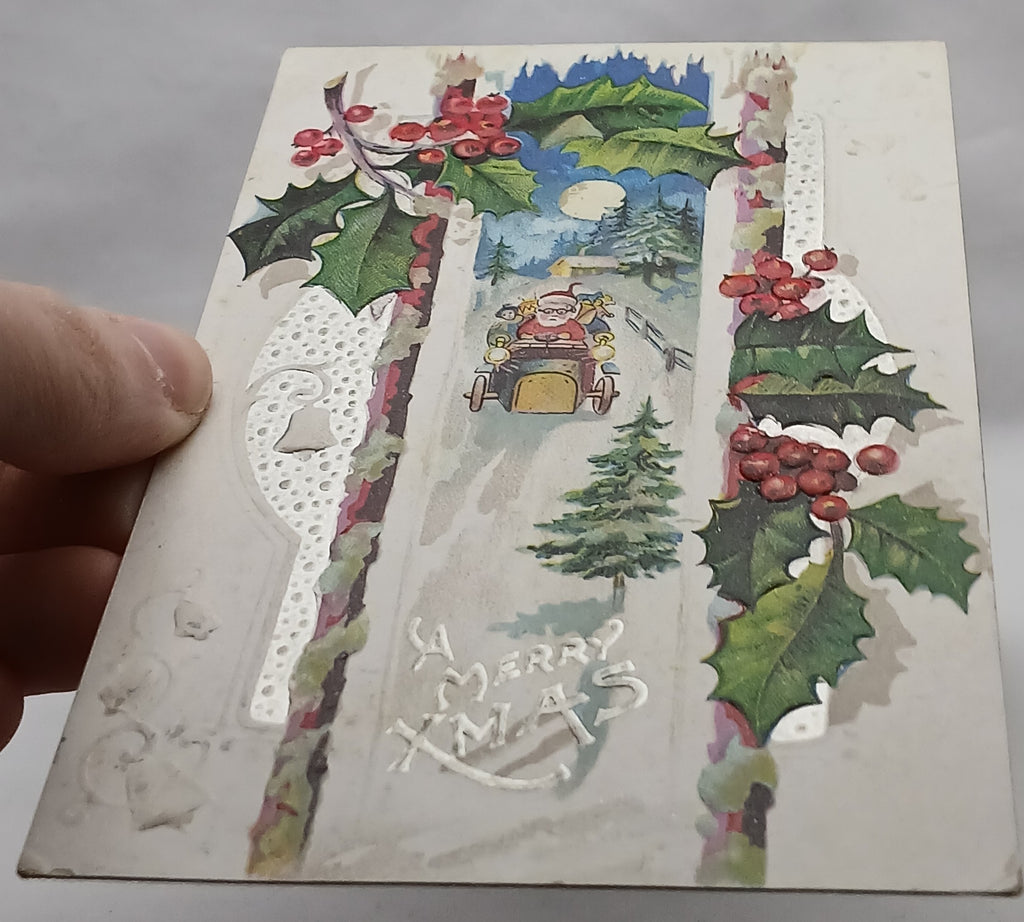Christmas Postcard Santa Claus Driving Car Under Moonlit Snowy Night Series 2