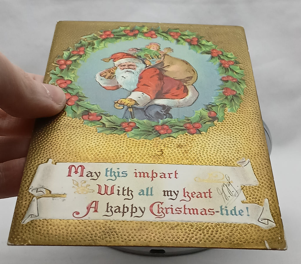 Christmas Postcard Santa with Toy Bag Wreath Border Gold Background