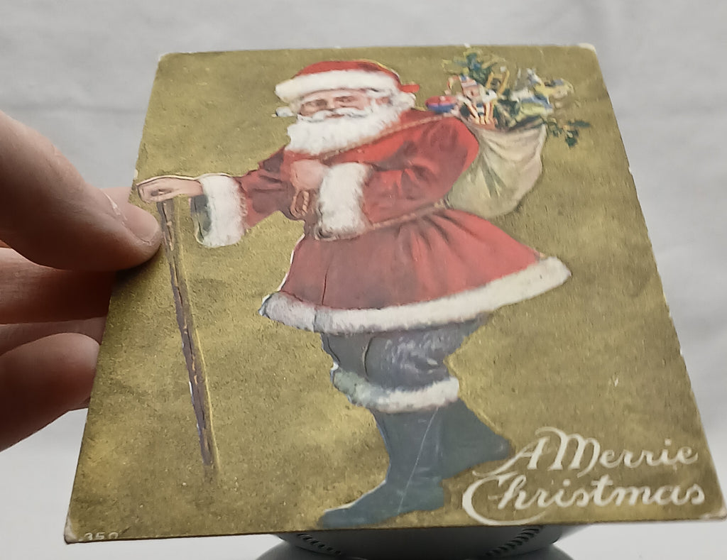 Christmas Postcard Santa with Walking Stick and Toy Bag Gold Background