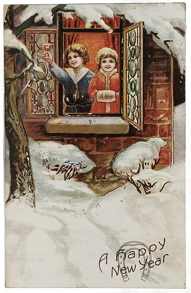 New Year's Postcard Series 8081 Gold Embossed Children in Window with Snow