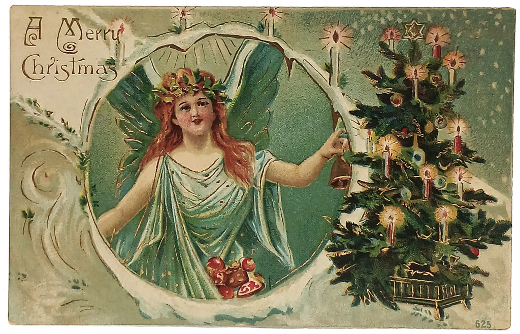 Gold Embossed Christmas Postcard Angel with Tree 625