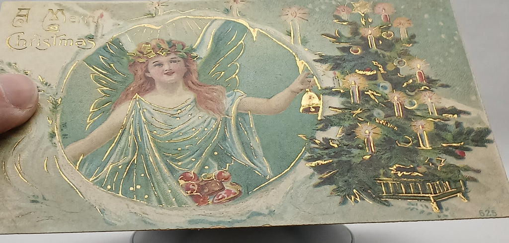 Gold Embossed Christmas Postcard Angel with Tree 625