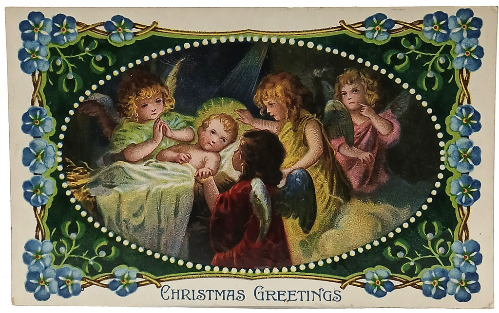Christmas Postcard Baby Jesus & Angels Gel Finish Flower Border 7084