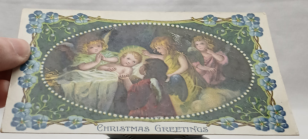 Christmas Postcard Baby Jesus & Angels Gel Finish Flower Border 7084