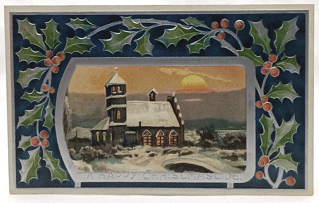 Christmas Postcard Silver Embossed Holly Border House in Snow Landscape