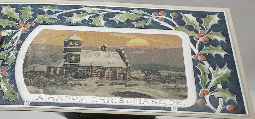 Christmas Postcard Silver Embossed Holly Border House in Snow Landscape