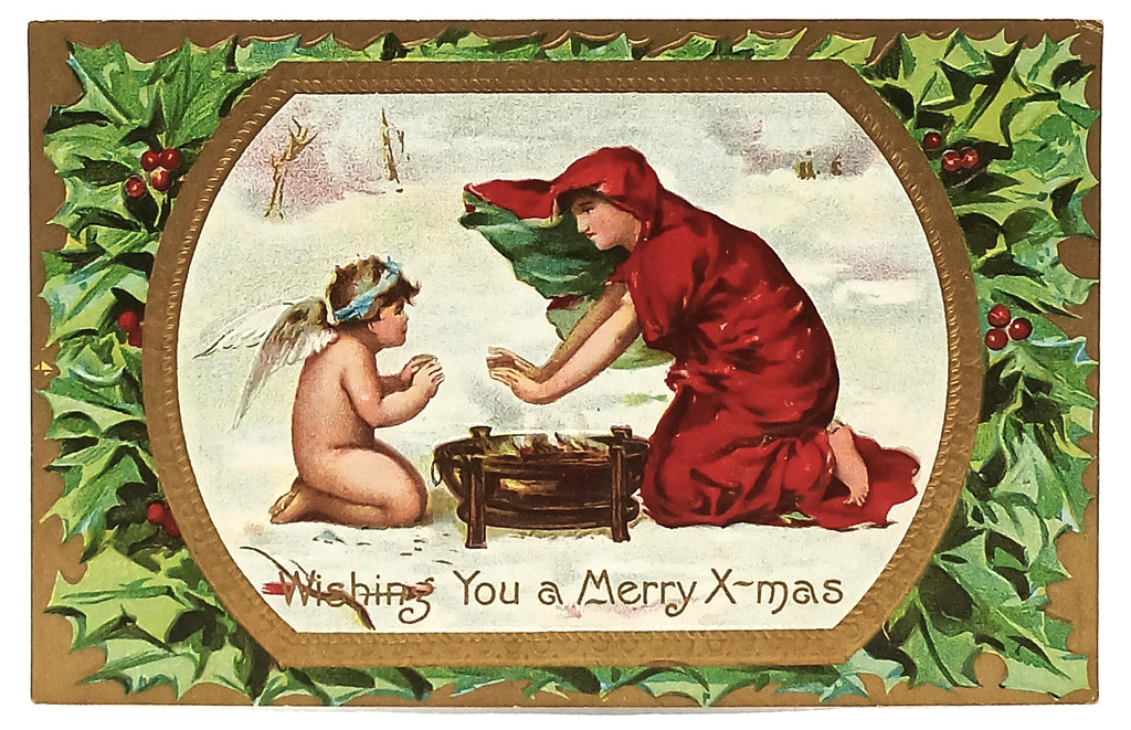 Christmas Postcard Gold Embossed Woman in Red with Angel Over Fire in Snow