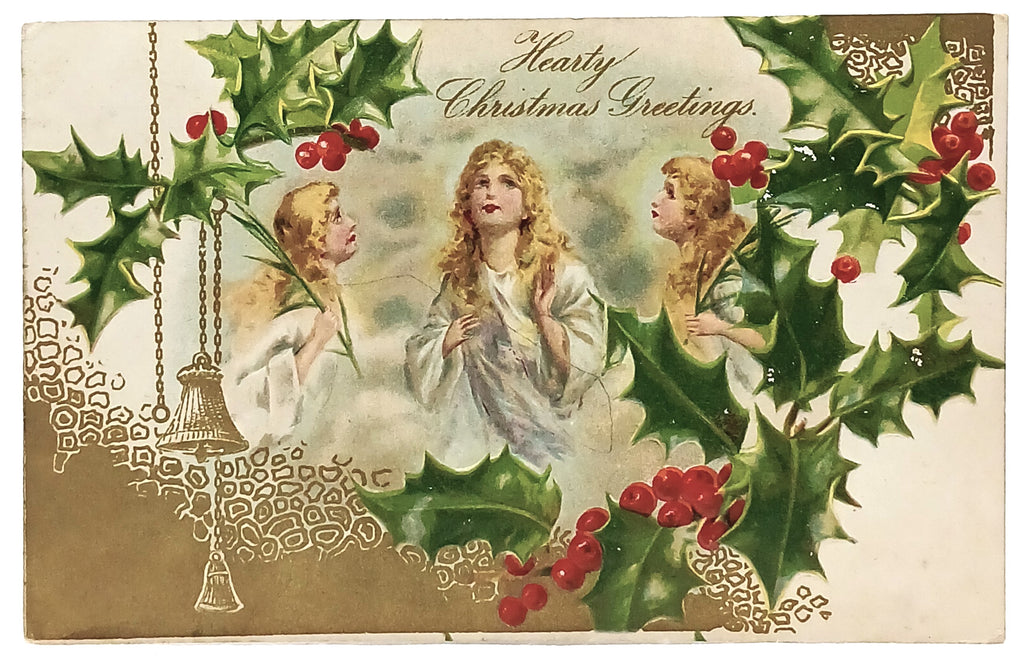 Antique Christmas Postcard Three Angels Singing Holly Border Winsch Pub