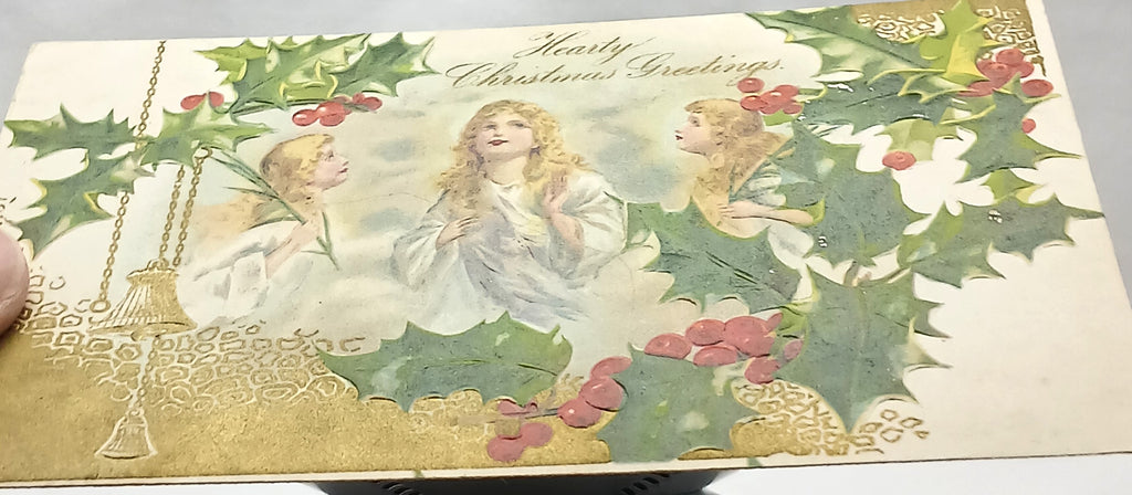 Antique Christmas Postcard Three Angels Singing Holly Border Winsch Pub