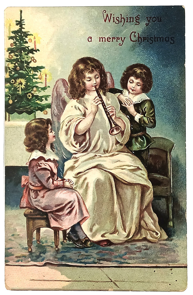 Antique Christmas Postcard Angel Playing Flute with Children