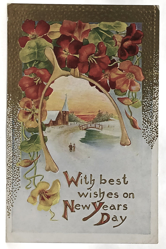 New Year's Postcard Church in Snow Well Wishes Gold Embossed w/ Flowers