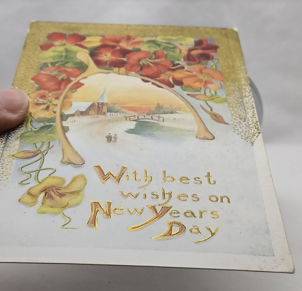 New Year's Postcard Church in Snow Well Wishes Gold Embossed w/ Flowers