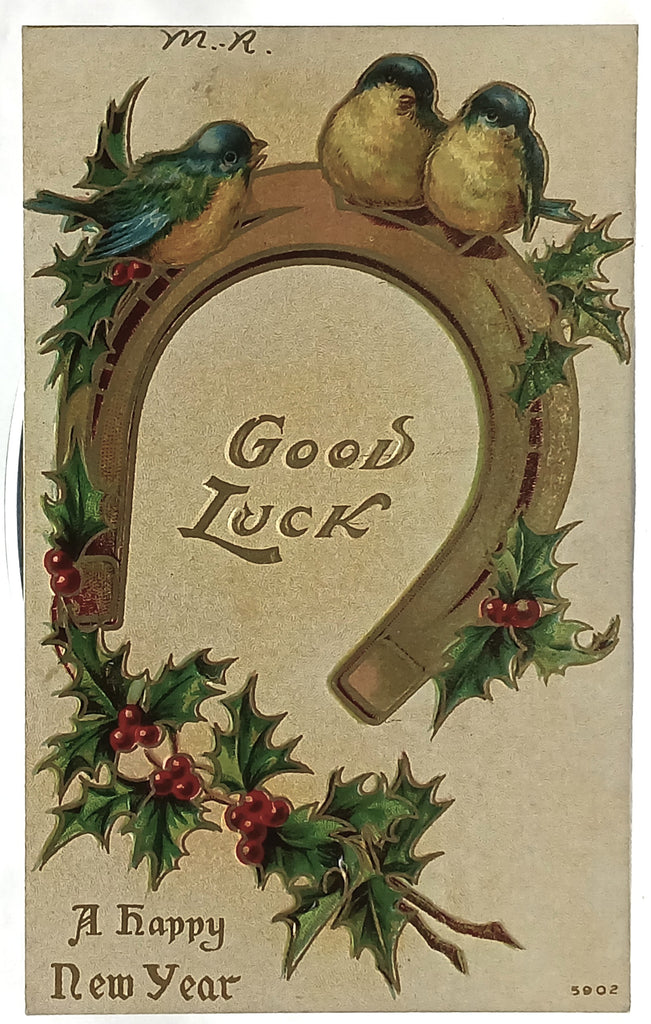 New Year's Postcard Gold Embossed Horseshoe Bluebirds Holly 5902