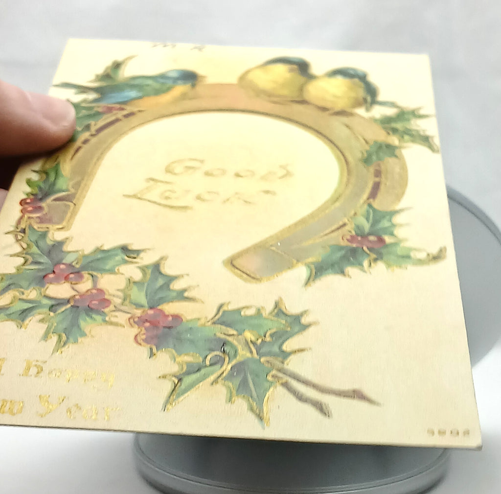New Year's Postcard Gold Embossed Horseshoe Bluebirds Holly 5902