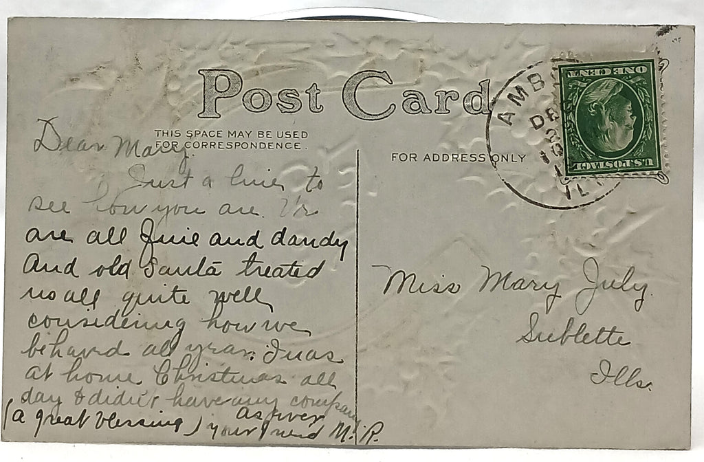 New Year's Postcard Gold Embossed Horseshoe Bluebirds Holly 5902