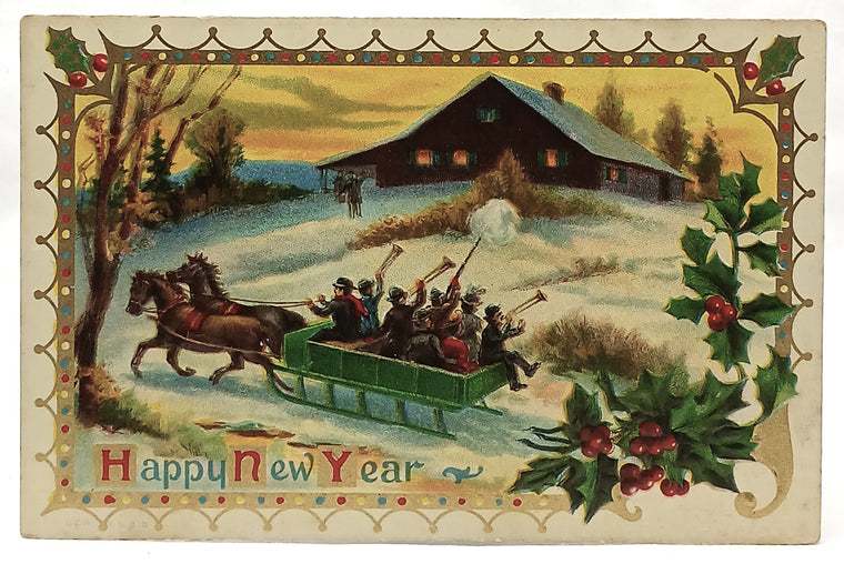 New Year's Postcard Gold Embossed Horse Drawn Sleigh in Snow