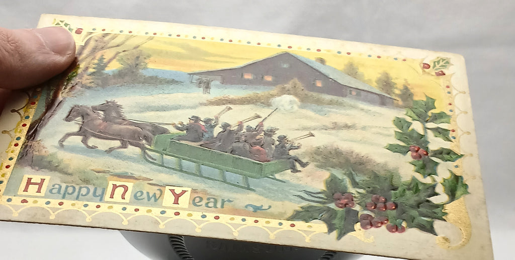 New Year's Postcard Gold Embossed Horse Drawn Sleigh in Snow