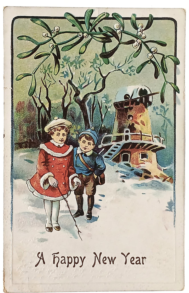 New Year's Postcard Embossed Children in Snow Series 51